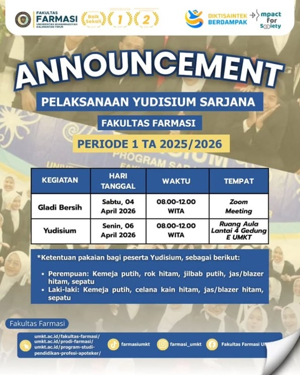 Pengumuman: Pelaksanaan Yudisium Sarjana Farmasi Periode 1 TA 2025/2026