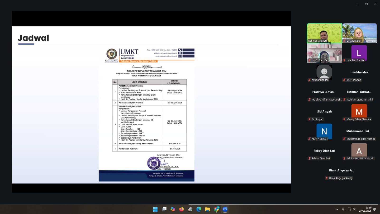 Program Studi Akuntansi UMKT Gelar Sosialisasi Skripsi bagi Angkatan Pertama