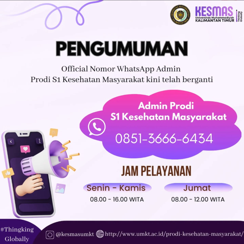 Pengumuman: Perubahan Nomor WhatsApp Resmi Admin Prodi S1 Kesehatan Masyarakat UMKT