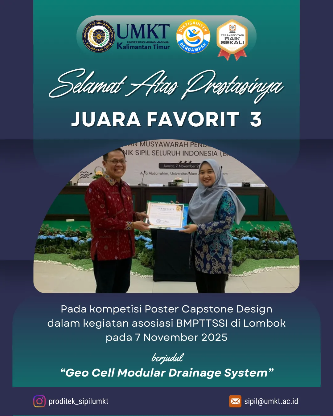 Juara Favorit 3 pada Kompetisi Poster Capstone Design dalam Asosiasi BMPTTSSI di Lombok 7 November 2025
