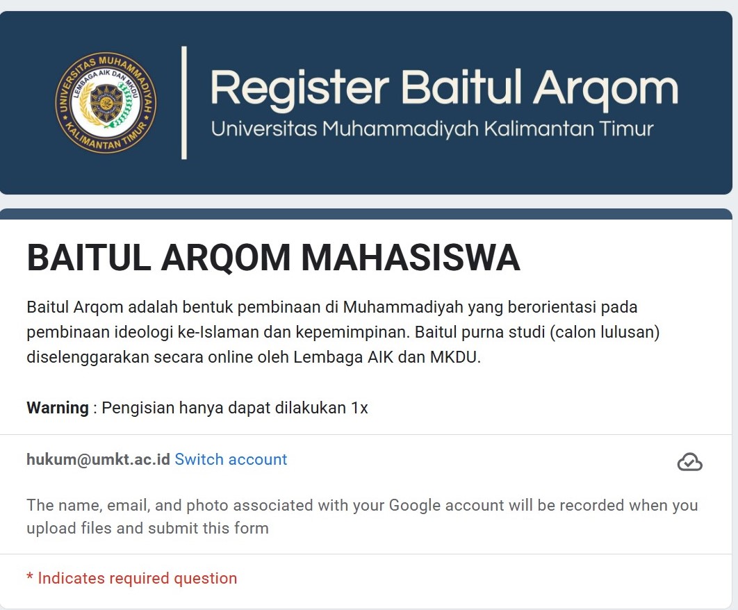 Pendaftaran Baitul Arqam Mahasiswa Program Studi Magister Hukum UMKT