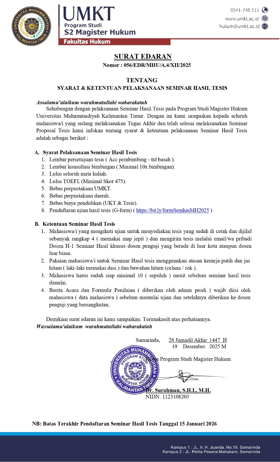 Edaran syarat dan ketentuan pelaksanaan seminar hasil tesis semester ganjil 2025/2026