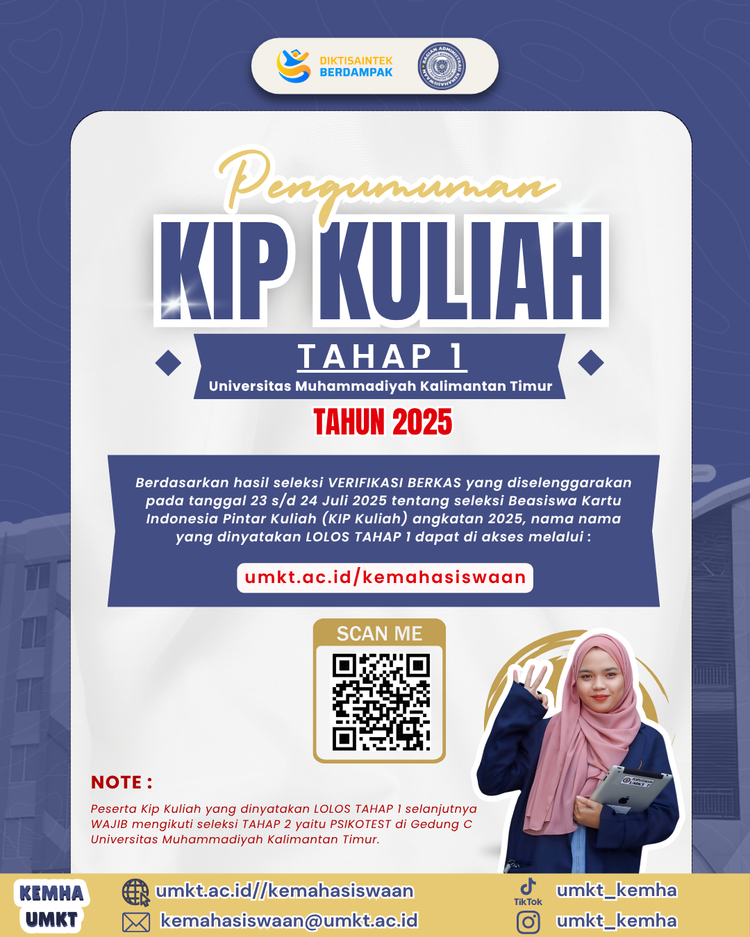 PENGUMUMAN PESERTA KIP KULIAH LOLOS TAHAP 1 DI UNIVERSITAS MUHAMMADIYAH KALIMANTAN TIMUR TAHUN 2025