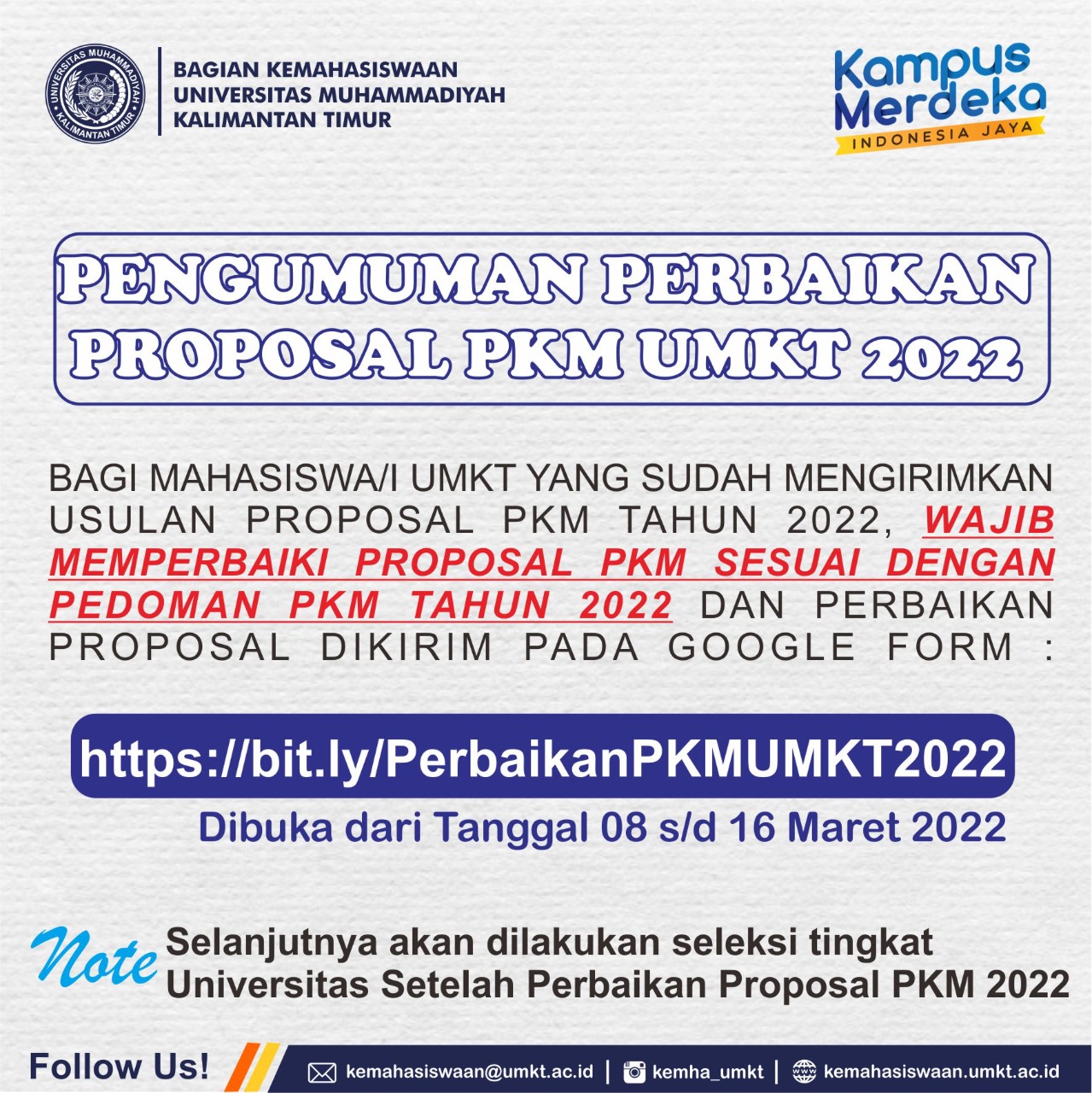 PENGUMUMAN PERBAIKAN PROPOSAL PKM UMKT 2022