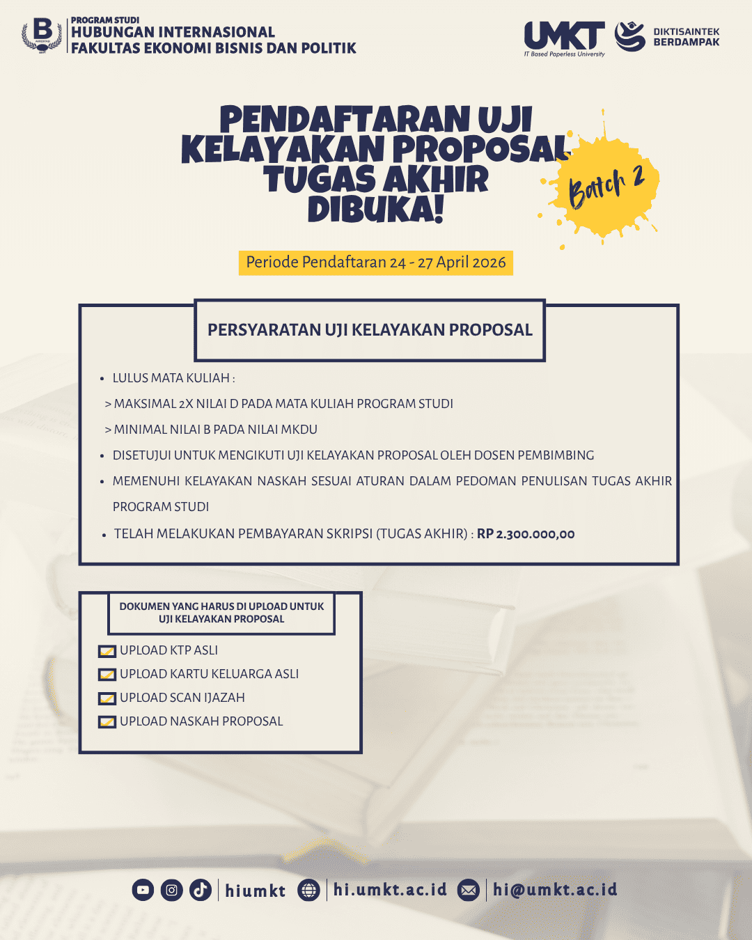 Pendaftran Uji Kelayakan Proposal Tugas Akhir Batch ke 2 Dibuka