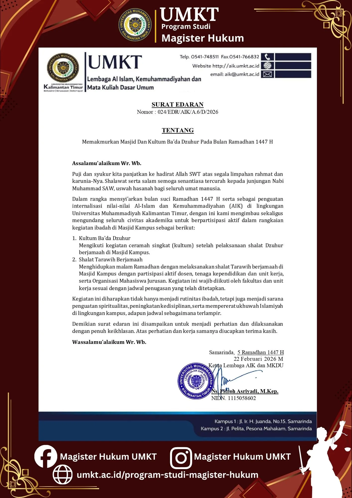 Surat Edaran Memakmurkan Masjid dan Kultum Ba'da Dzuhur Pada Bulan Ramadhan 1447 H