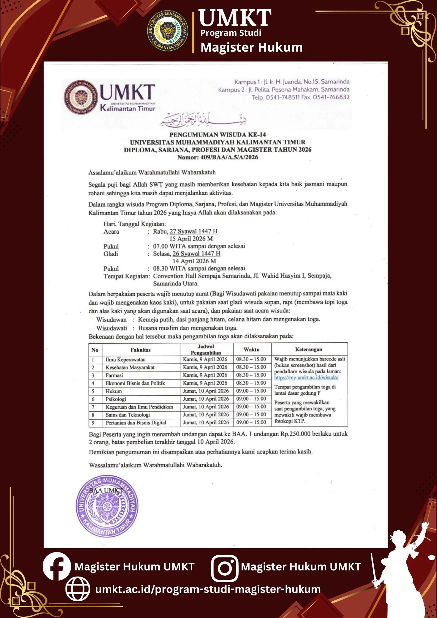 Pengumuman Wisuda Ke-14 UMKT Tahun 2026