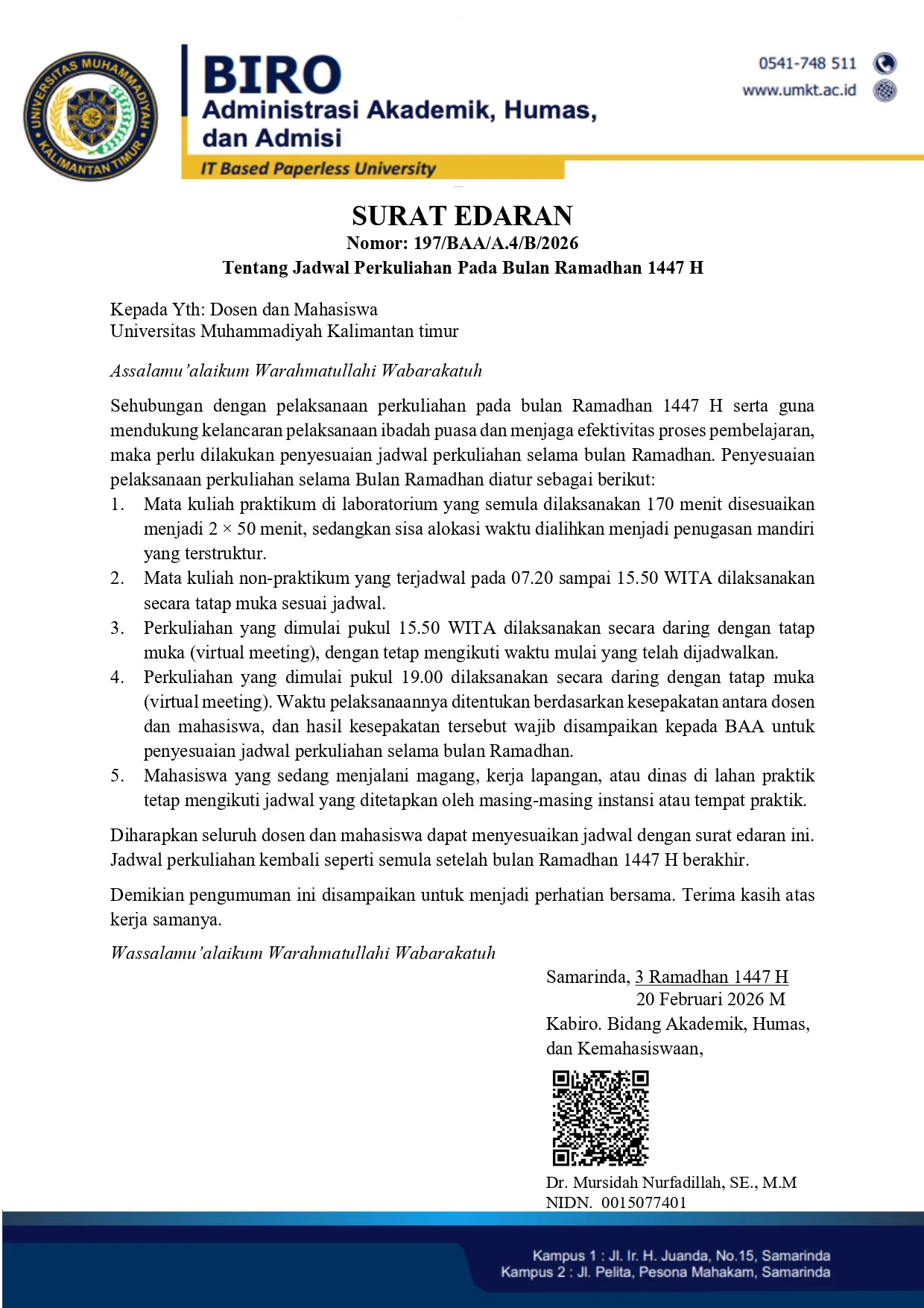 Surat Edaran Tentang Jadwal Perkuliahan Pada Bulan Ramadhan 1447 H