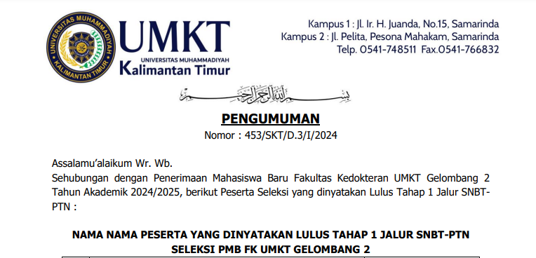 Pengumuman Lolos Tahap 1 PMB FK UMKT Jalur SNBT UTBK Gelombang 2