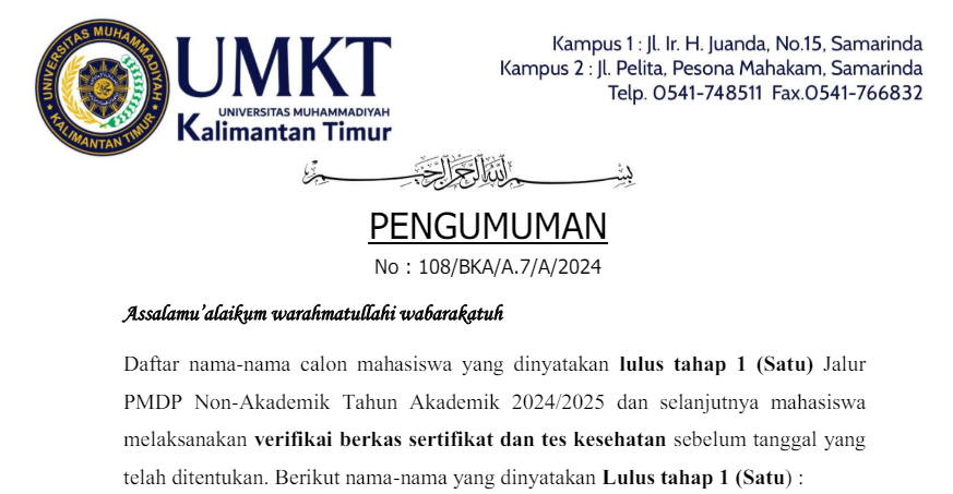 Pengumuman Tahap 1 PMDP Non Akademik UMKT