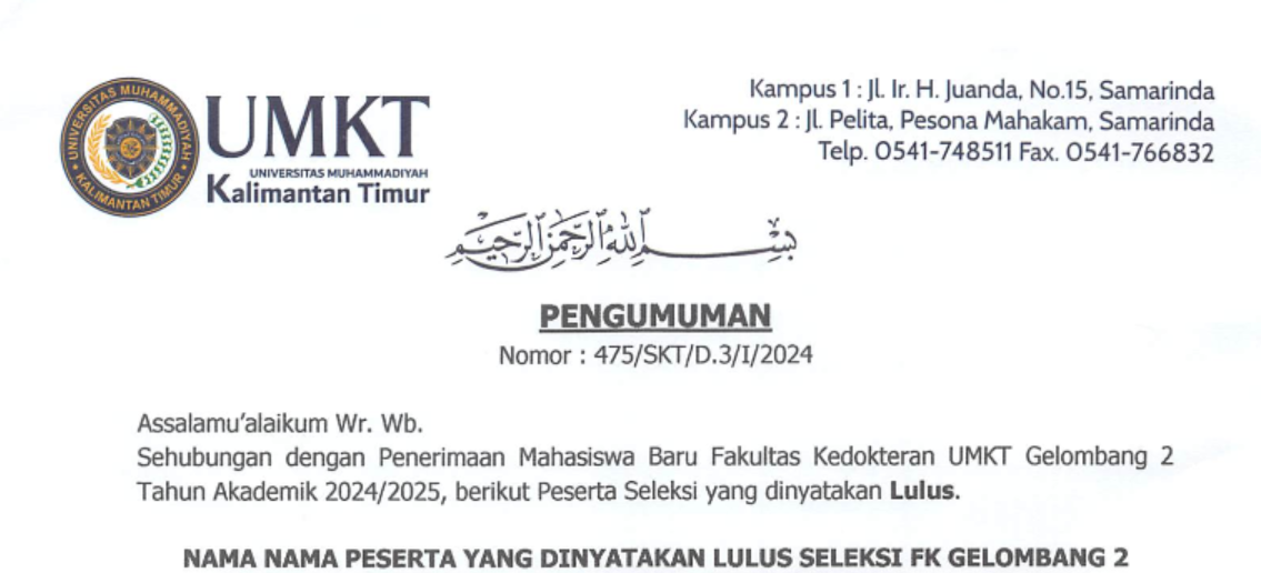 PENGUMUMAN PMB Fakultas Kedokteran UMKT Gelombang 2 FINAL