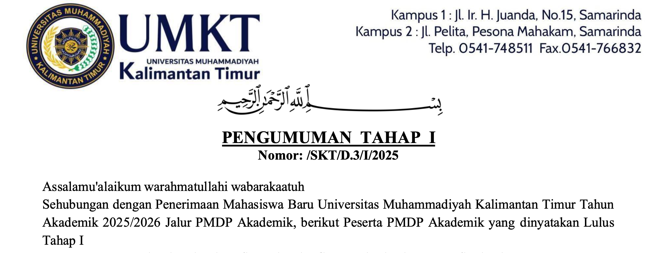PENGUMUMAN Jalur PMDP Akademik Tahap 1 UMKT