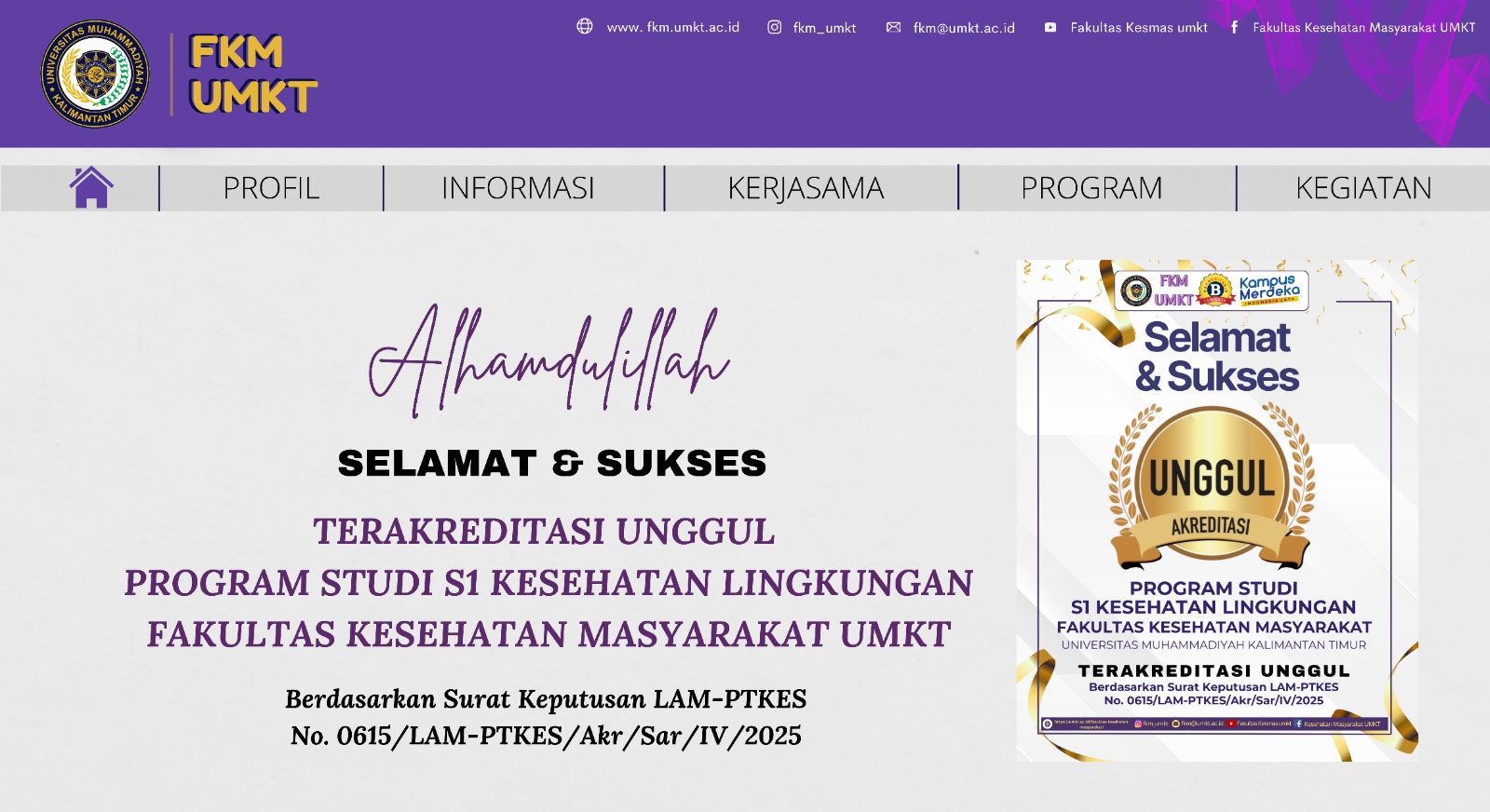 Prestasi membanggakan diraih oleh Prodi S1 Kesehatan Lingkungan FKM UMKT Raih Akreditasi “Unggul” dari LAM-PTKes