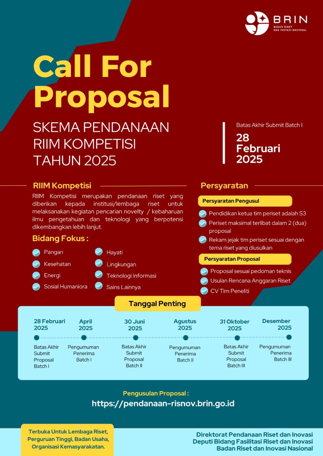 Call for Proposal Skema Pendanaan RIIM Kompetisi Tahun 2025 oleh Badan Riset dan Inovasi Nasional (BRIN)