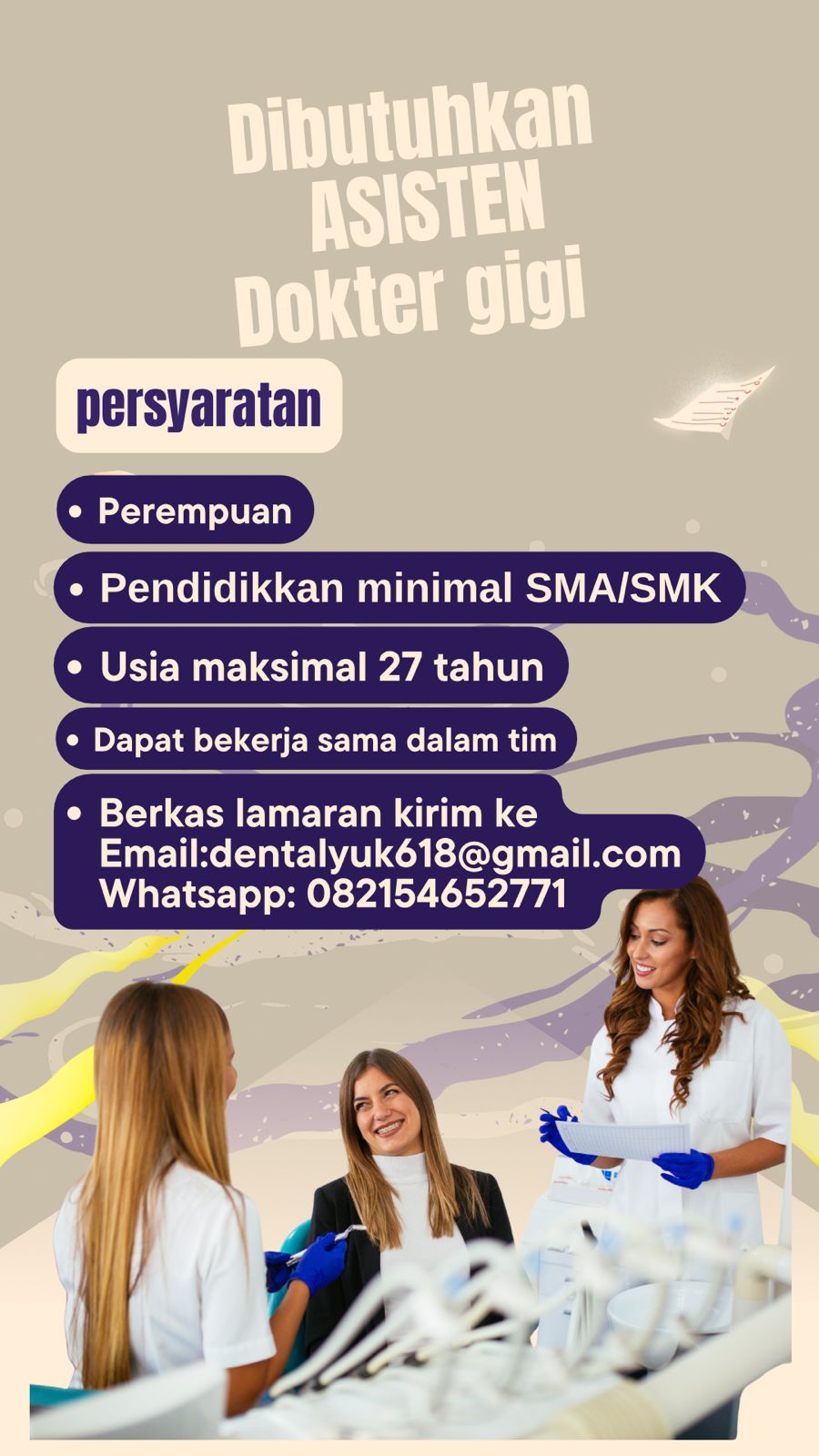 [INFO LOKER] Dibutuhkan Asisten Dokter Gigi – Perempuan