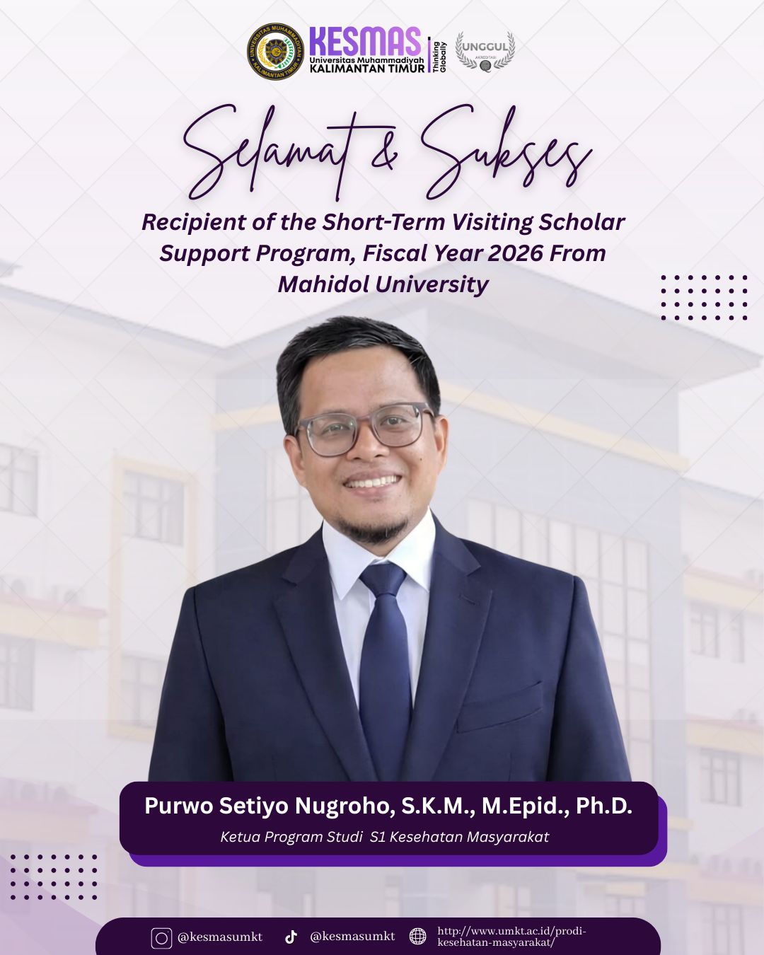 Dosen Kesmas UMKT Raih Program Visiting Scholar dari Mahidol University 2026