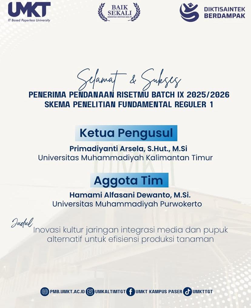 Selamat dan Sukses Penerima Pendanaan Risetmu Batch IX 2025 / 2026 Skema Penelitian Fundamental Reguler 1