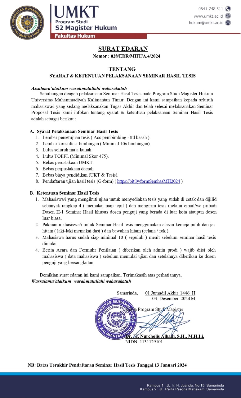 Surat Edaran Syarat dan Ketentuan Pelaksanaan Seminar Hasil Tesis