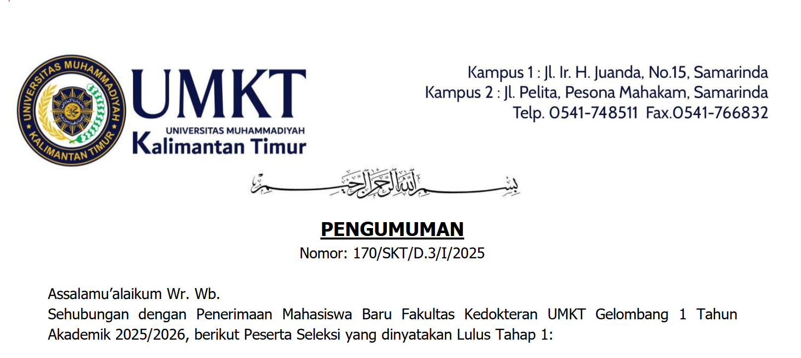 PENGUMUMAN PMB FAKULTAS KEDOKTERAN GELOMBANG 1 TAHAP 1 TAHUN 2025