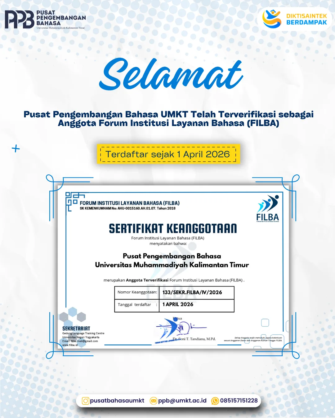 Pusat Pengembangan Bahasa UMKT Resmi Menjadi Anggota FILBA