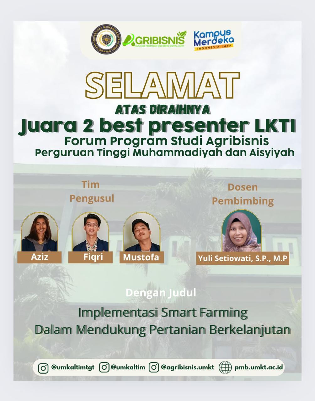 Prodi Agribisnis berhasil meraih juara 2 Best Presenter dengan kerya ilmiah Berjudul "Implementasi Smart Farming dalam Mendukung Pertanian Berkelanjutan"